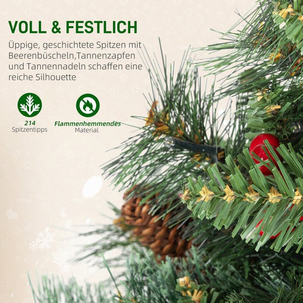Nahaufnahme eines künstlichen Weihnachtsbaums mit Tannennadeln, Zapfen und Beeren. Hinweise auf 214 Spitzen und flammenhemmendes Material.