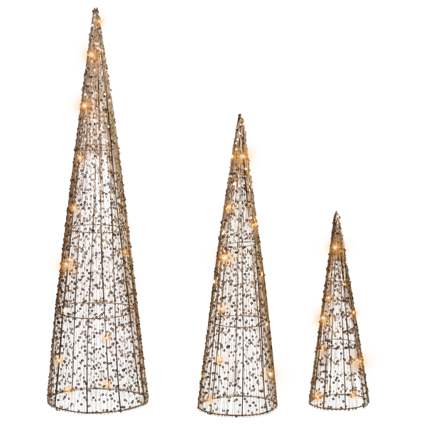 Drei dekorative Kegel mit Beleuchtung für den Innenbereich