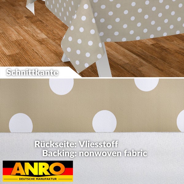 Tischdecke mit Punktemuster, Schnittkante und Rückseite aus Vliesstoff. ANRO Logo.