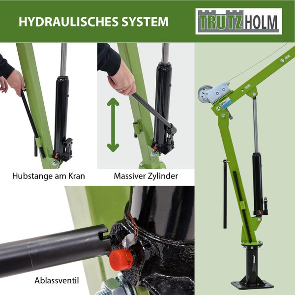 Detailansichten des hydraulischen Systems eines Trutzholm Werkstattkrans mit Hubstange, Zylinder und Ablassventil.