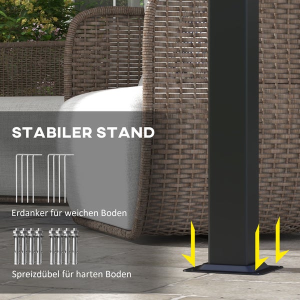 Montagezubehör für stabilen Stand von Pfosten im Außenbereich mit Erdankern für weichen Boden und Spreizdübeln für harten Boden auf einer Terrasse.