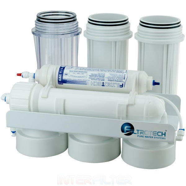 Filtrotech Wasserfilteranlage mit drei Filtergehäusen und Aktivkohlekartusche zur Trinkwasseraufbereitung