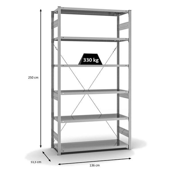 PROREGAL Fachbodenregal Stecksystem T-Profil Heavy-Duty Grundregal HxBxT 250 x 130 x 50 cm 6 Ebenen Fachlast 330 kg Einseitig Nutzbar Verzinkt