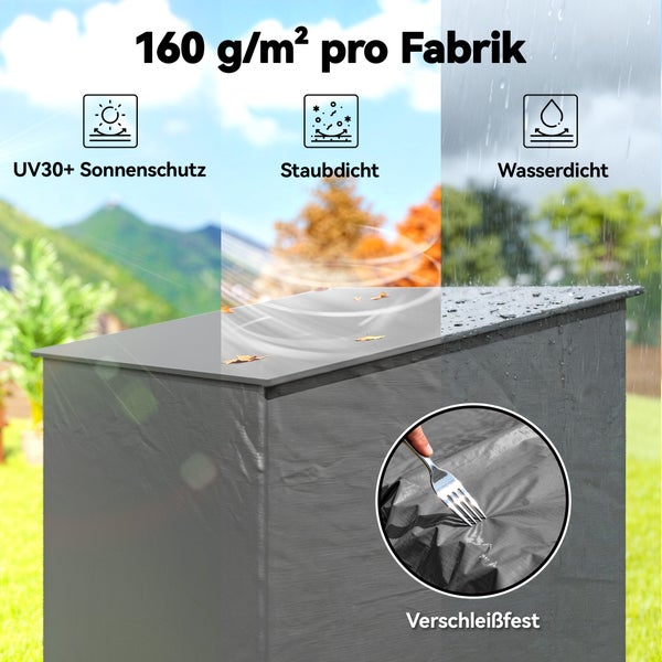 Schutzhülle für Gartenboxen mit 160 Gramm pro Quadratmeter, UV30 plus Sonnenschutz, staubdicht, wasserdicht und verschleißfest.