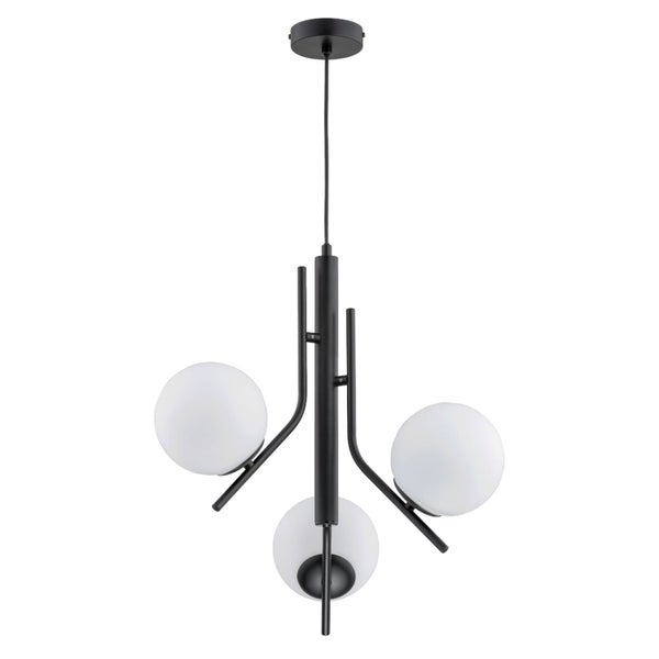 Moderne Pendelleuchte mit drei kugelformigen Glaslampenschirmen an einer Metallaufhängung