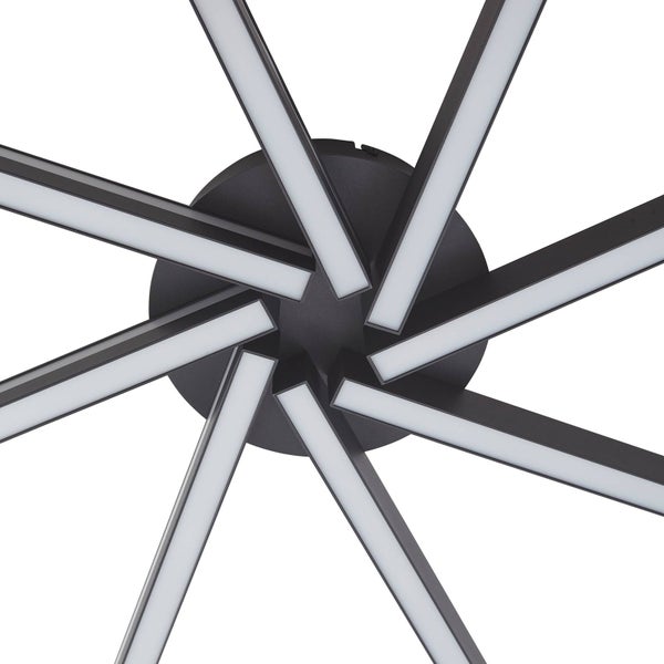 Moderne LED-Deckenleuchte mit sternförmig angeordneten, rechteckigen Lichtleisten an einer runden schwarzen Metallbasis.