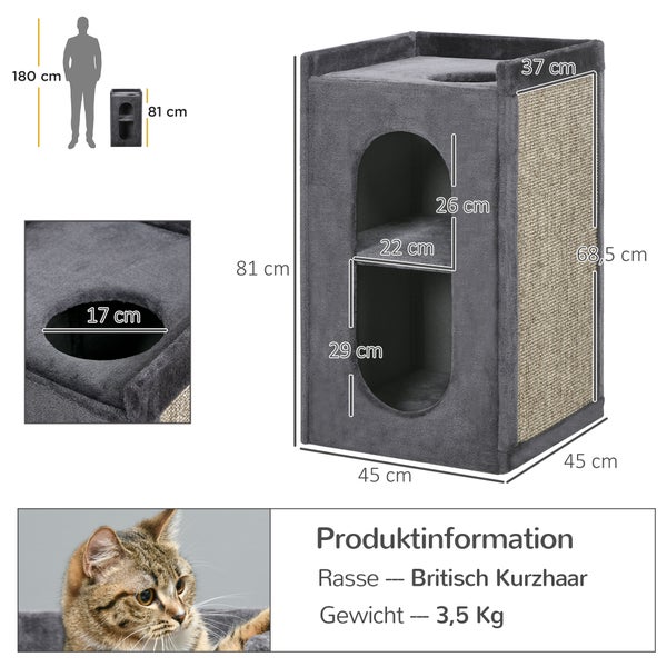 PawHut Kratztonne, Höhe 81 cm, Katzenkratzbaum mit 2 Höhlen, Kratzturm mit Kratzbrett, Katzenturm mit 2 Ebenen, Katzentonne für Katzen bis 6 kg, Dunkelgrau