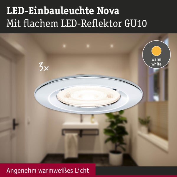 LED-Einbauleuchte Nova im 3er-Pack mit flachem GU10-LED-Reflektor und warmweißem Licht, montiert in einem Badezimmer.