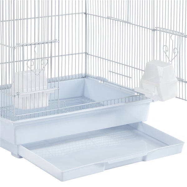 Detailansicht eines Vogelkäfigs mit herausziehbarer Schublade und Futterspender