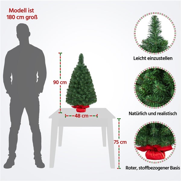 Künstlicher Weihnachtsbaum, 90 Zentimeter hoch, mit roter Stoffbasis