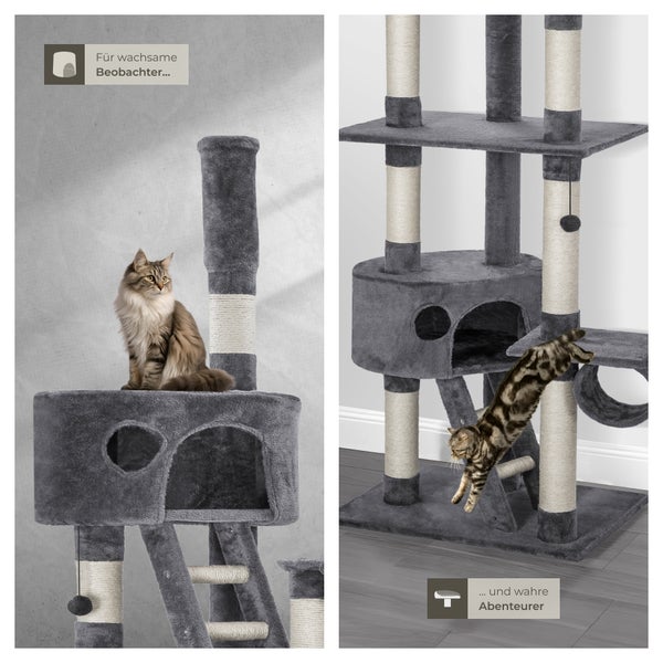 Grauer Kratzbaum mit mehreren Ebenen, Sisalstämmen und zwei Katzen