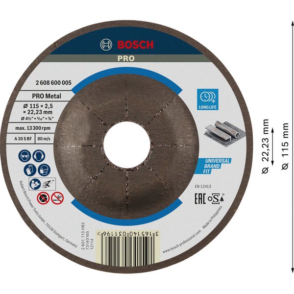 Bosch PRO Metal Trennscheibe 115 x 2,5 x 22,23 mm - 2608600005