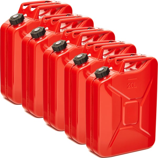 Fünf rote 20 Liter Kraftstoffkanister aus Stahl