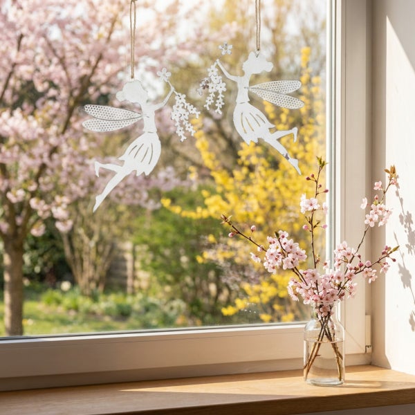 Zwei hängende Metallfiguren als Feen-Fensterdekoration vor einem frühlingshaften Garten mit blühenden Zweigen in einer Glasvase.