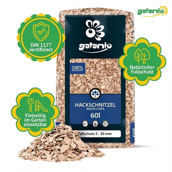 Galamio Hackschnitzel aus Waldkiefer, 60 Liter, DIN 1177 zertifizierter Fallschutz 5 bis 30 Millimeter für Garten und Spielplatz.