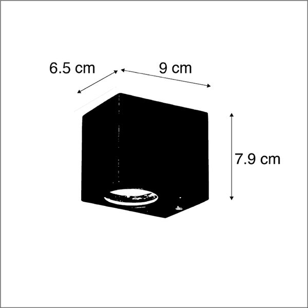 Aufbaustrahler mit Abmessungen: Breite neun Zentimeter, Tiefe sechs Komma fünf Zentimeter und Höhe sieben Komma neun Zentimeter.