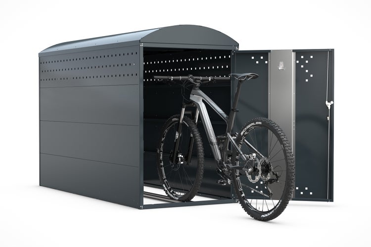 Fahrradbox mit geöffneten Türen und einem Fahrrad darin
