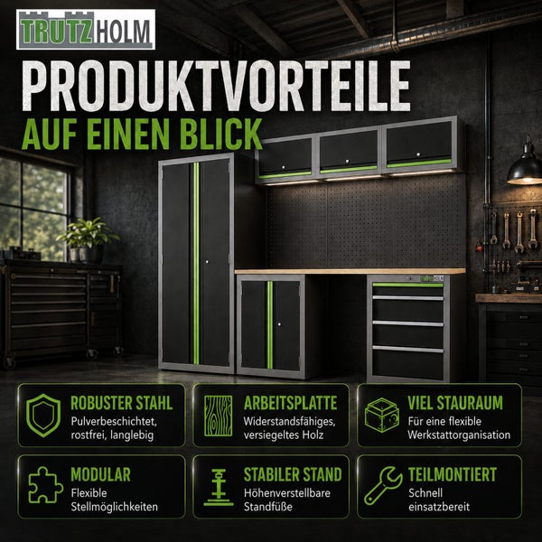 Trutzholm Logo. Modulares Werkstattsystem aus schwarzem Stahl mit grünen Akzenten, Hochschrank, Werkbank mit Holzplatte und Wandschränken.