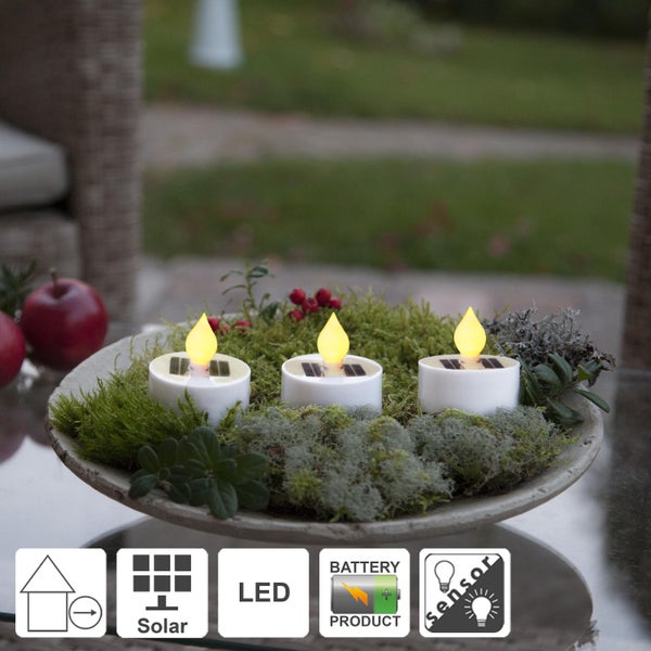 Dekorationstablett mit drei LED-Kerzen mit Solarfunktion, Batteriebetrieb und Lichtsensor