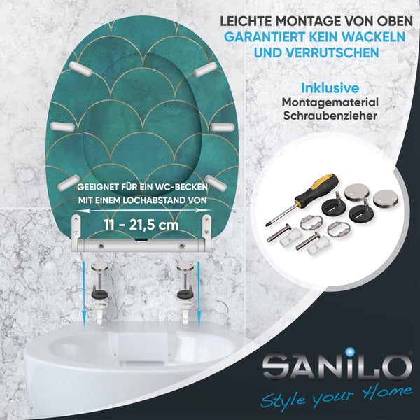 Sanilo WC-Sitz mit Fischschuppen-Muster, inklusive Montagematerial und Schraubendreher, für Lochabstände von 11 bis 21,5 Zentimeter geeignet.