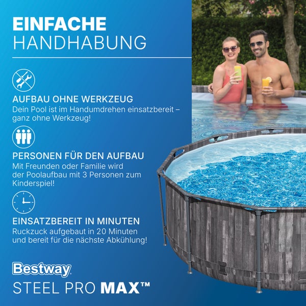 Bestway Logo. Steel Pro MAX Pool in grauer Holzoptik, Paar im Pool, Symbole für werkzeugfreien Aufbau durch drei Personen in 20 Minuten.