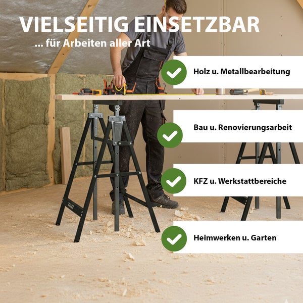 Trutzholm Logo. Zwei schwarze Metall-Arbeitsböcke stützen ein Holzbrett auf einer Baustelle. Detailansicht der Abrutschsicherungen für sicheres Arbeiten.