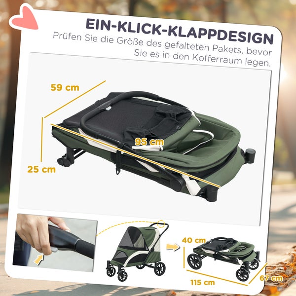 PawHut Hundewagen Hundebuggy klappbar für große Hunde & Katzen bis 30 kg Katzenbuggy mit Kissen Netzfenstern Türen Aufbewahrungstasche Katzenwagen mit Sicherheitsleinen, Bremsen, Buggy Dunkelgrün