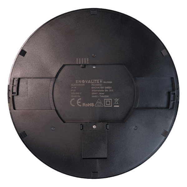 Rückansicht eines runden ENOVALITE LED-Panels mit technischen Angaben und einem Schalter für die Farbtemperatur.