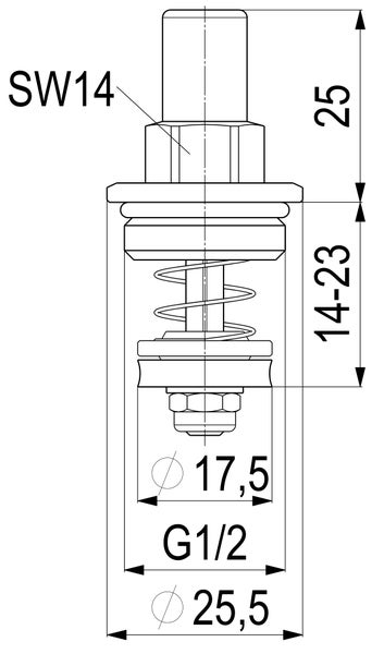 Technische Zeichnung eines Ventiloberteils mit Massangaben: Schlüsselweite 14, Höhe 25 Millimeter, Gewinde G ein halb Zoll, Durchmesser 25,5 Millimeter