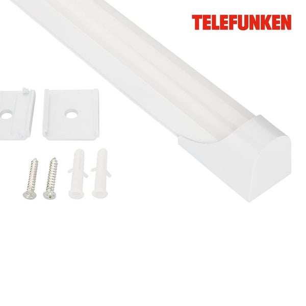 Weiße Telefunken LED-Lichtleiste mit Befestigungsclips, Schrauben und Dübeln. Telefunken Logo.