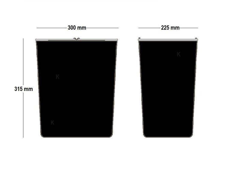 Technische Zeichnung eines eckigen Eimers mit Deckel, Maße 300 Millimeter, 225 Millimeter und 315 Millimeter.