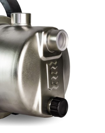 Gartenpumpe aus Edelstahl mit Anschlüssen und schwarzer Verschlusskappe