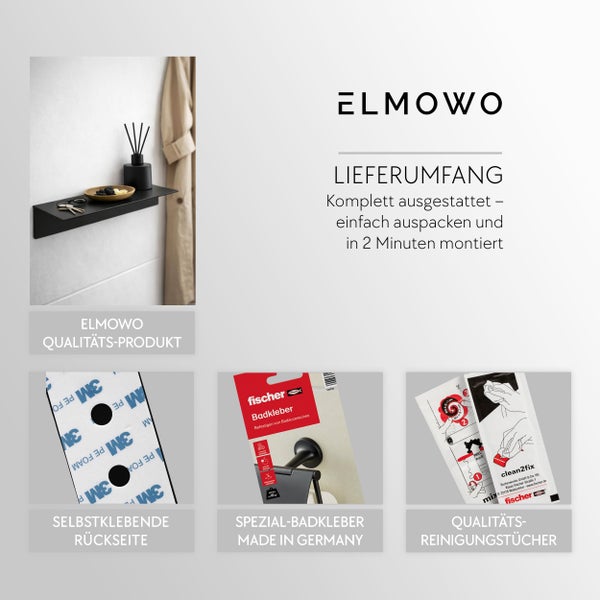 ELMOWO Wandregal mit Montagezubehör und Montageanleitung für eine einfache Anbringung in zwei Minuten.