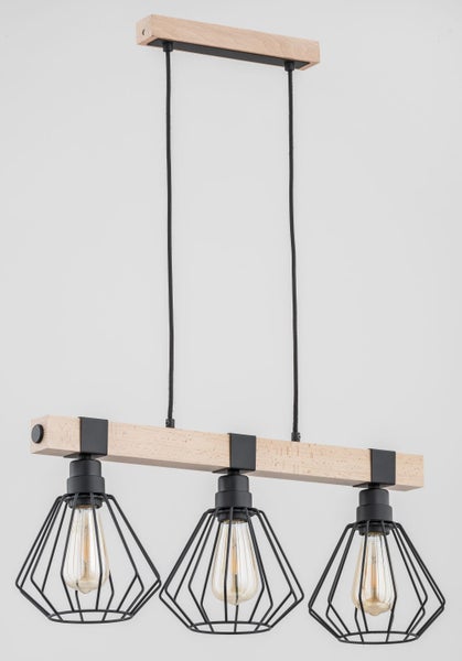 Dreiflammige Pendelleuchte aus Holz und Metall in Balkenoptik mit gitterförmigen Lampenschirmen für Wohnzimmer oder Esszimmer