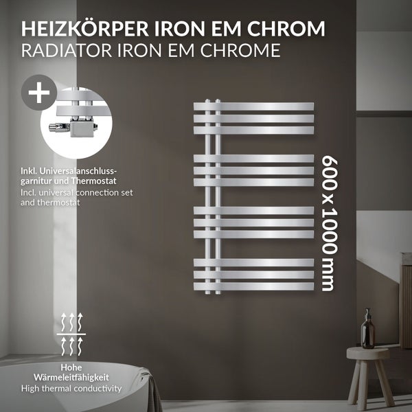 LuxeBath Badheizkörper Iron EM 600x1000 mm Chrom Mittelanschluss Anschlussgarnitur Thermostat Universal Eck- und Durchgangsform, Design Heizkörper Handtuchwärmer Handtuchtrockner Handtuchheizkörper