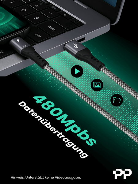 ProfiPatch USB A auf USB C Kabel 60W QC 3A 0,5m grau Goldkontakt Textil