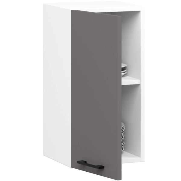 Küchenhängeschrank mit offener grauer Tür und schwarzem Griff