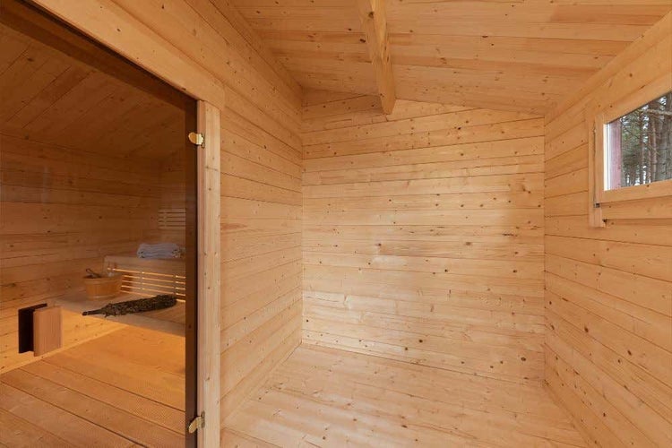 Alpholz Sauna Vinja Gartensauna 2 Sitzbänke aus Holz, Sauna mit 44 mm Wandstärke Außensauna, Naturbelassen