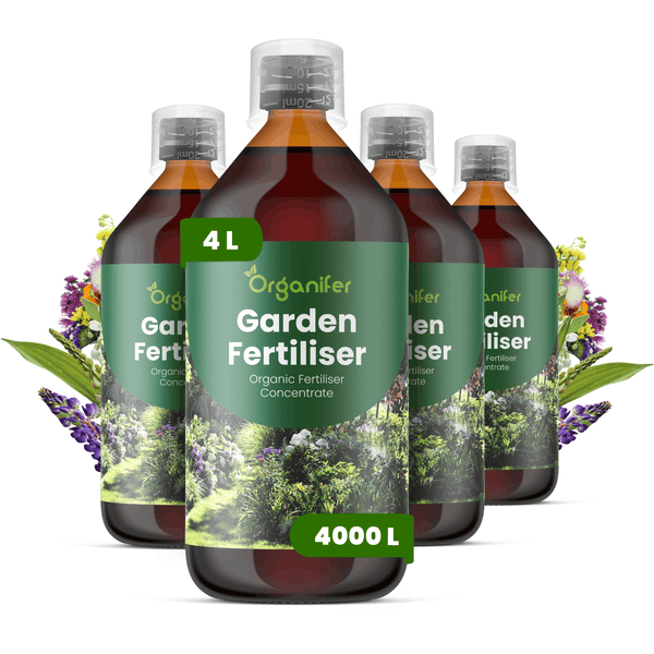 Vier Flaschen Organifer Garten-Dünger, organisches Düngerkonzentrat, jeweils 4 Liter, ergibt 4000 Liter.