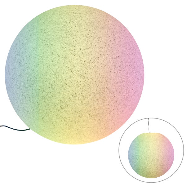 Kugelförmige Dekoleuchte mit strukturierter Oberfläche und buntem Farbverlauf, Darstellung als Standleuchte und Hängeleuchte.