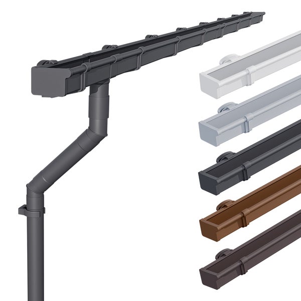 Regenrinnensystem in Kastenform aus Kunststoff mit Fallrohr, dargestellt in verschiedenen Farben.