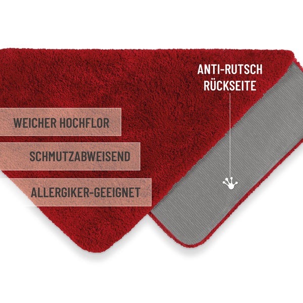 Badematte mit weichem Hochflor, schmutzabweisender Oberfläche, Eignung für Allergiker und rutschhemmender Rückseite.