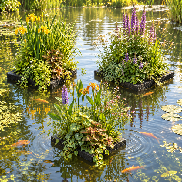 Drei schwimmende Pflanzinseln mit verschiedenen Blumen und Gräsern im Gartenteich mit schwimmenden Fischen.