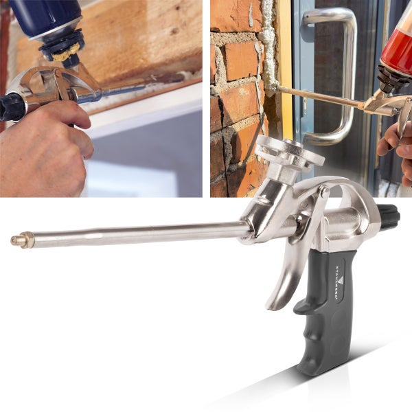 Schaumpistole aus Metall mit schwarzem Griff für PU-Schaum, Anwendungsbeispiele an Holz und Mauerwerk.