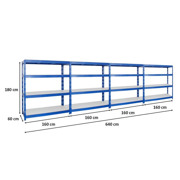 PROREGAL Mega Deal 4x Profi Schwerlastregal Rhino HxBxT 180 x 160 x 60 cm 4 Melamin-Ebenen 16mm Fachlast 500 kg Blau