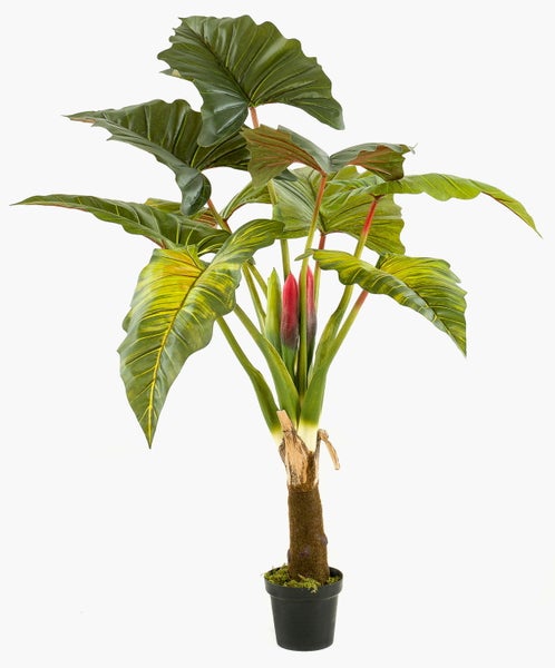 Künstliche Pflanze Philodendron im schwarzen Kunststofftopf mit großen grünen Blättern und roten Akzenten.