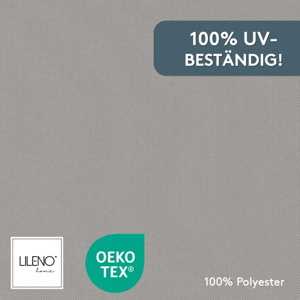 Polyestergewebe mit Lileno Home Logo, Oeko-Tex Siegel und den Hinweisen 100 Prozent UV-beständig sowie 100 Prozent Polyester.