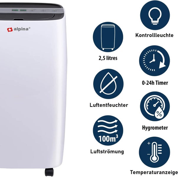 JUNG Alpina Luftentfeuchter elektrisch 220W, Raumentfeuchter Extra leise, Räume bis 100M³, Entfeuchter Wohnung - Schlafzimmer, Wohnzimmer usw, Timer, bis 10 L täglich