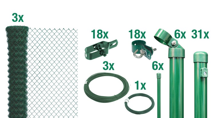 Maschendrahtzaun Set mit Zaunrollen, Pfosten, Spanndraht, Bindedraht und Montagezubehör zur Zaunbefestigung.