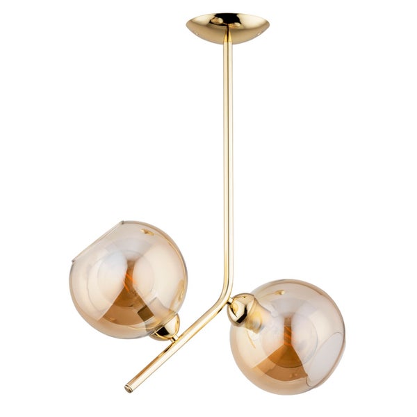 Moderne Deckenleuchte mit zwei runden Glaslampenschirmen an einer metallischen Halterung.